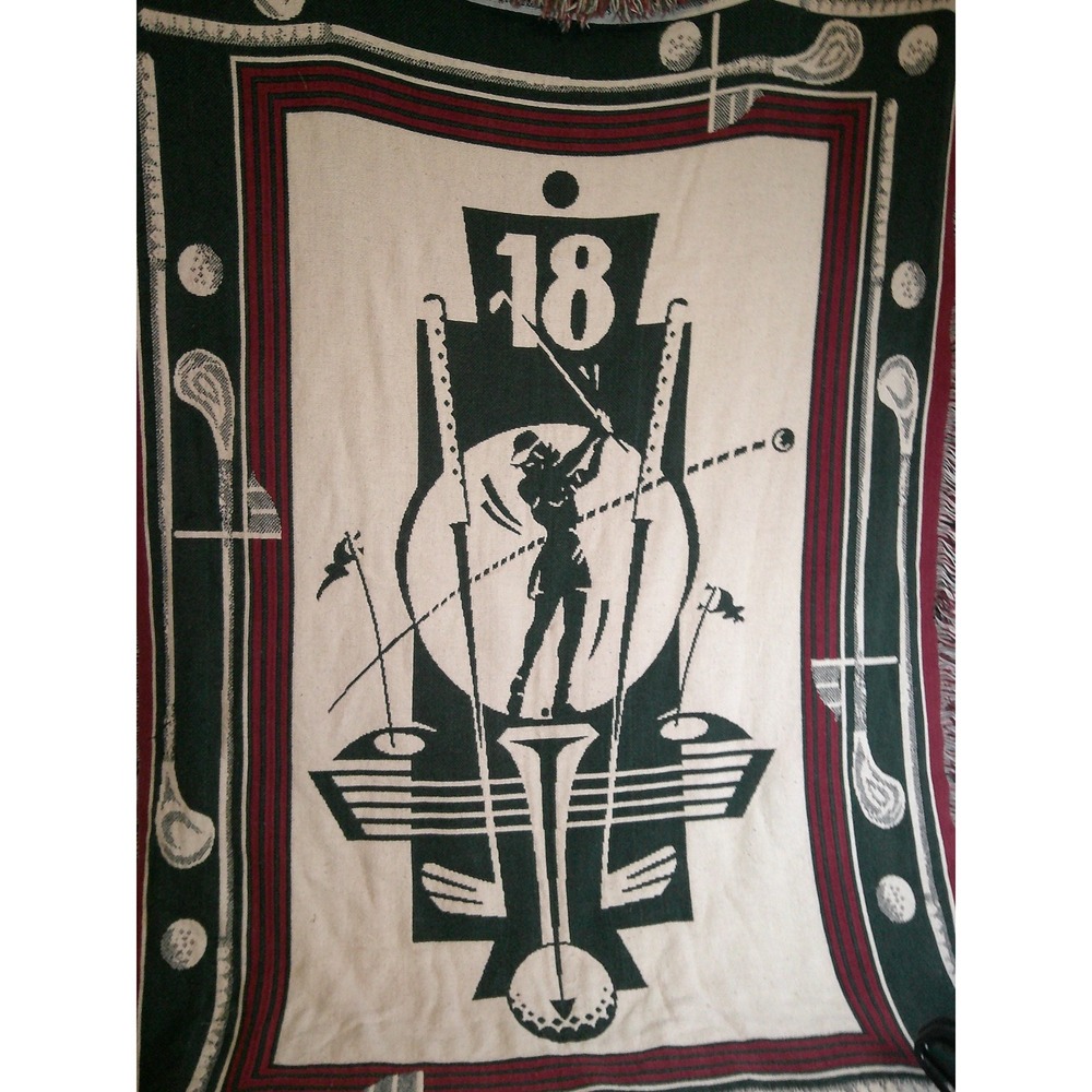 Rare Vintage Golf Theme Throw Blanket Golfer Clubs Number 18 Sports Decor 73x48